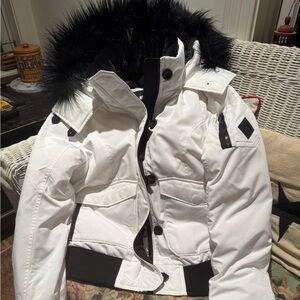 White Puffer Jacket with Black Fur Trim